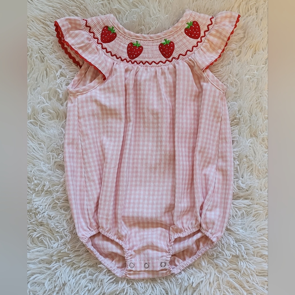 Smocked strawberry bubble romper